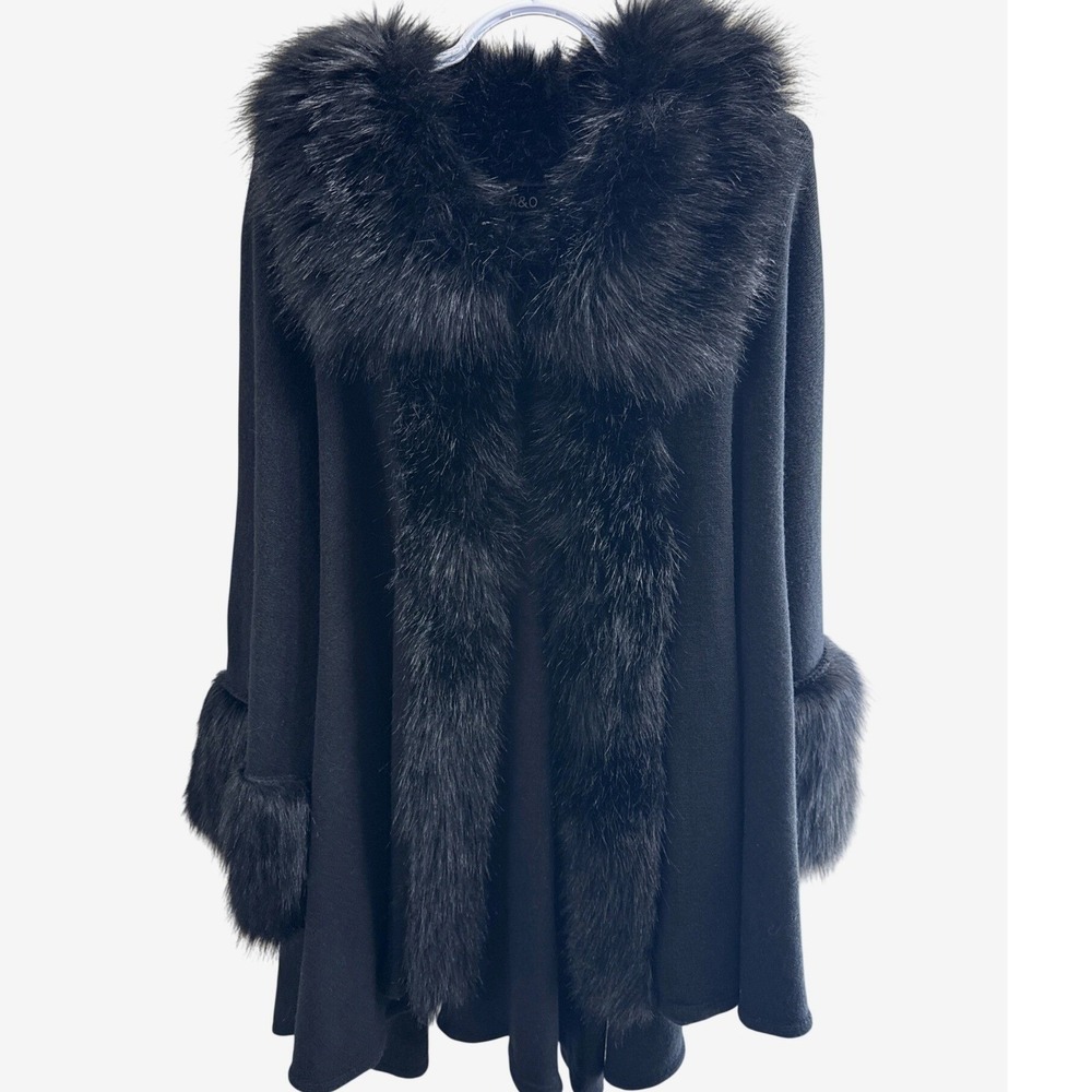 A&O International Black Knit Faux Fur Trim Cape Wrap Open Front Poncho Jacket